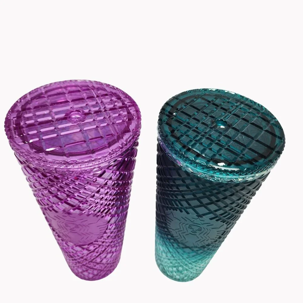 Two Starbucks Venti 24 Oz Jeweled Tumblers Purple Pink Taffy and Green Ombre